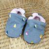 Paire de chaussons souples bébé en tissu gris avec de petites gouttes bicolores posés sur un panier